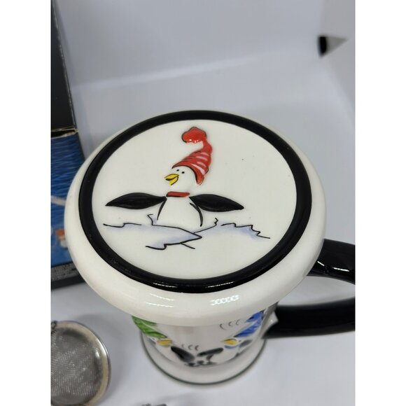 VTG Pfaltzgraff 2007 Penguin Skate Covered Mug 3.25" Infuser Coffee Tea Cup NOS - Picture 3 of 10
